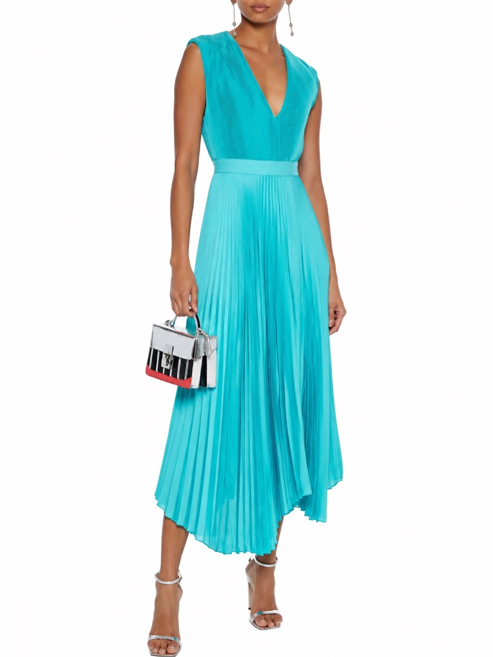 Alice + Olivia Joleen Pleated Midi Dress Bluebird Turquoise V-Neck size 0